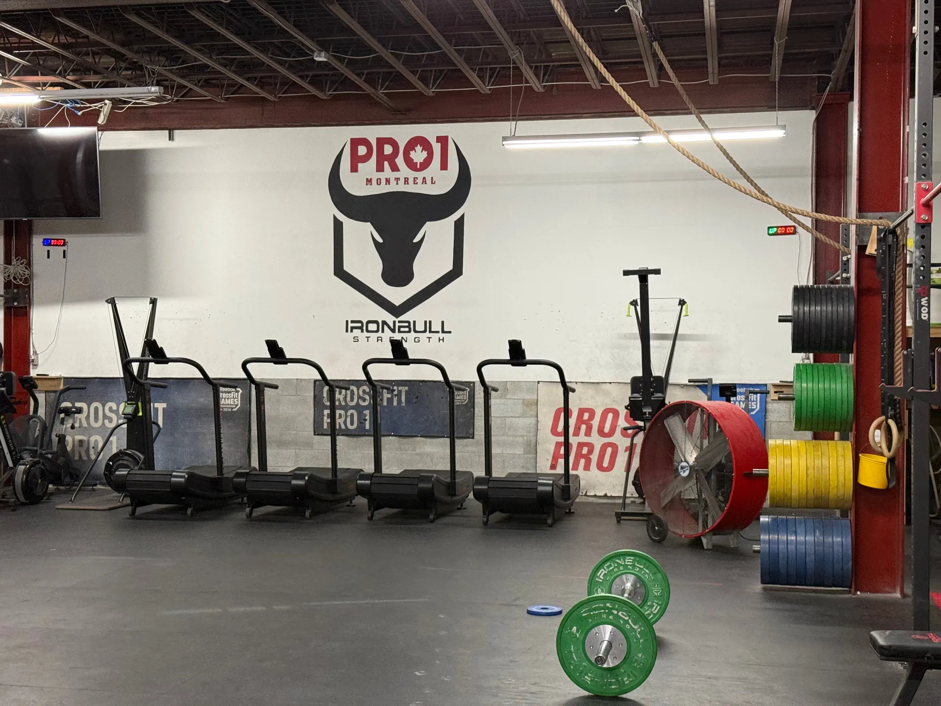 View of the PRO1 facility with the bull logo wall and equipment